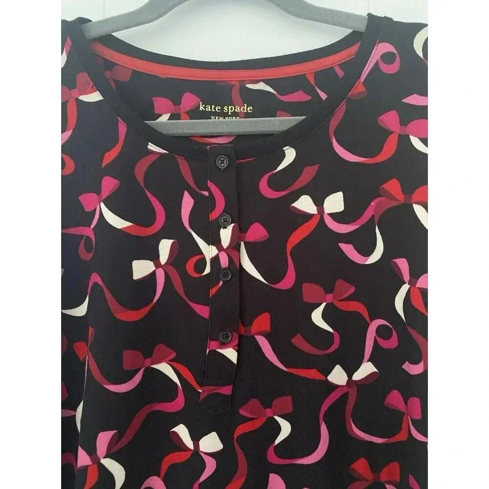 Kate Spade Henley Pajama‎ Top Womens Size M Black Red Pink Ribbon Soft Slumber